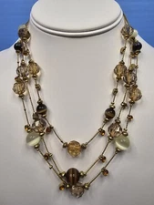 Lovely Beaded/Chain Tri-layered 15" Necklace W/Tiny Rhinstone Brown Baubles