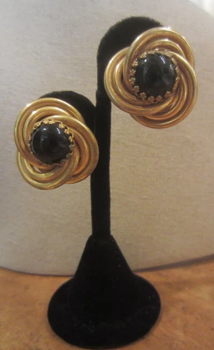Earrings: Miriam Haskell Vintage Clip-On, Gold-Tone Black Onyx Designer