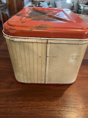 Vintage Metal Tin Bread Box Red & White w/Strawberries 1940-1950