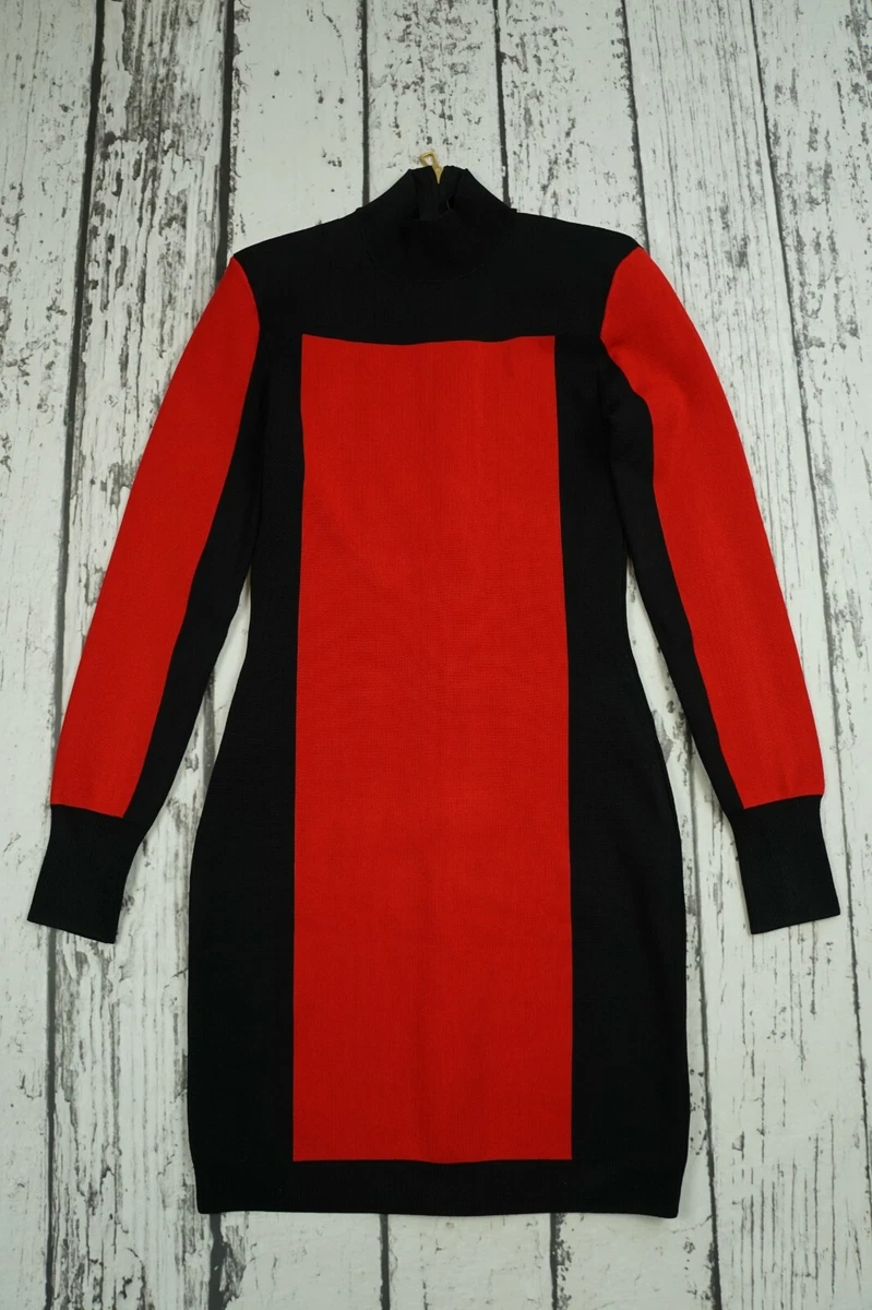 Used 36 US 6 UK 10 for H&amp;M red black dress long sleeves very eBay