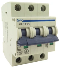 YuCo YC-10-3C Miniature Din Rail Circuit Breaker C-Curve 10-Amp 3P 480VAC 220VDC