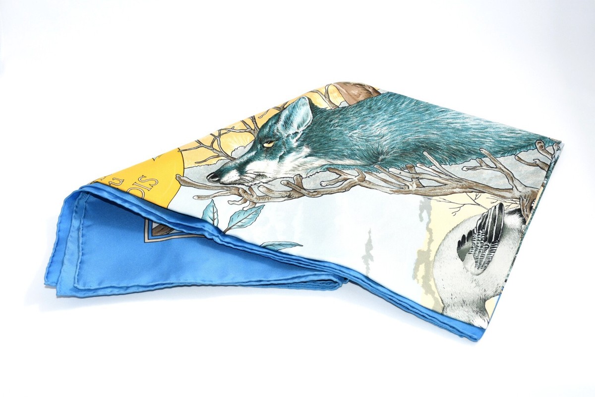 Hermes Scarf Chasse au bois 90 cm silk blue Carre fox animal