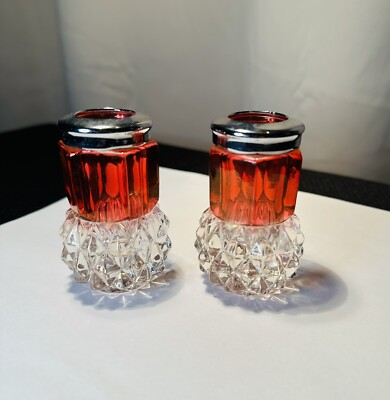 VINTAGE PAIR OF RUBY AND CLEAR COLORED GLASS CANDLE STICK/ Toothpick HOLDERS
