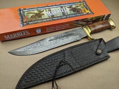 MR586 Marbles Damascus Bowie 256 Layers Stacked Leather Handle Leather Sheath