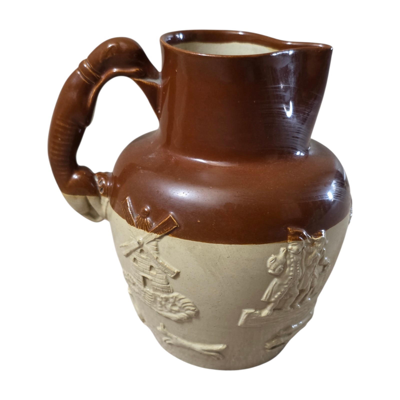 Antique J Bourne Denby Pottery English Stoneware Pitcher Jug 9.5" Dog Handle