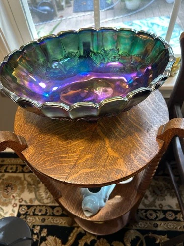 Vintage Large 4 Footed Carnival Art Glass Bowl with Grape Pattern