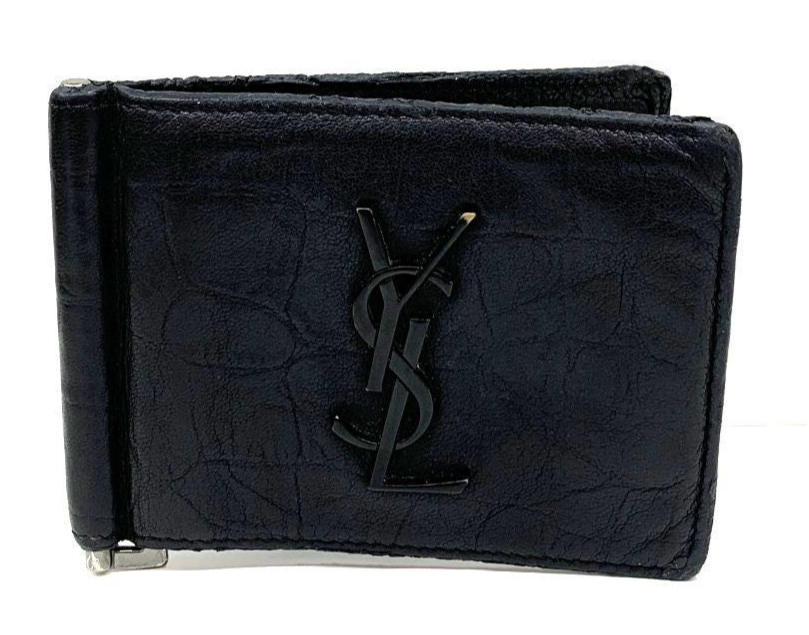 Yves Saint Laurent Logo Money Clip Bifold Wallet Black Leather