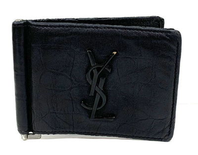 Yves Saint Laurent Logo Money Clip Bifold Wallet Black Leather