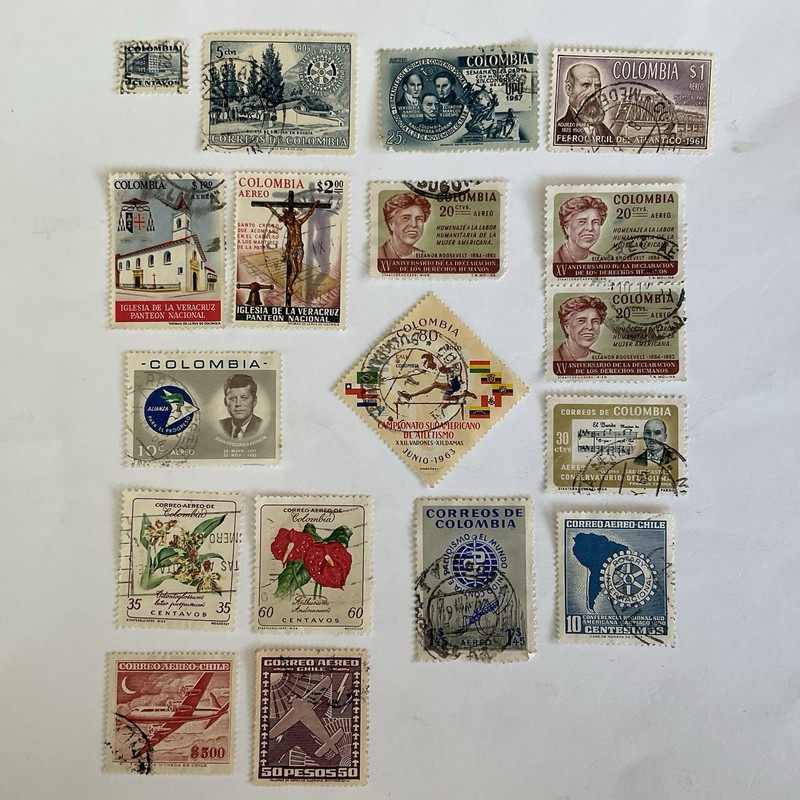 Lot~23 Chile & Colombia stamps~1934-1964~airmail~anti-malarial~Eleanor Roosevelt