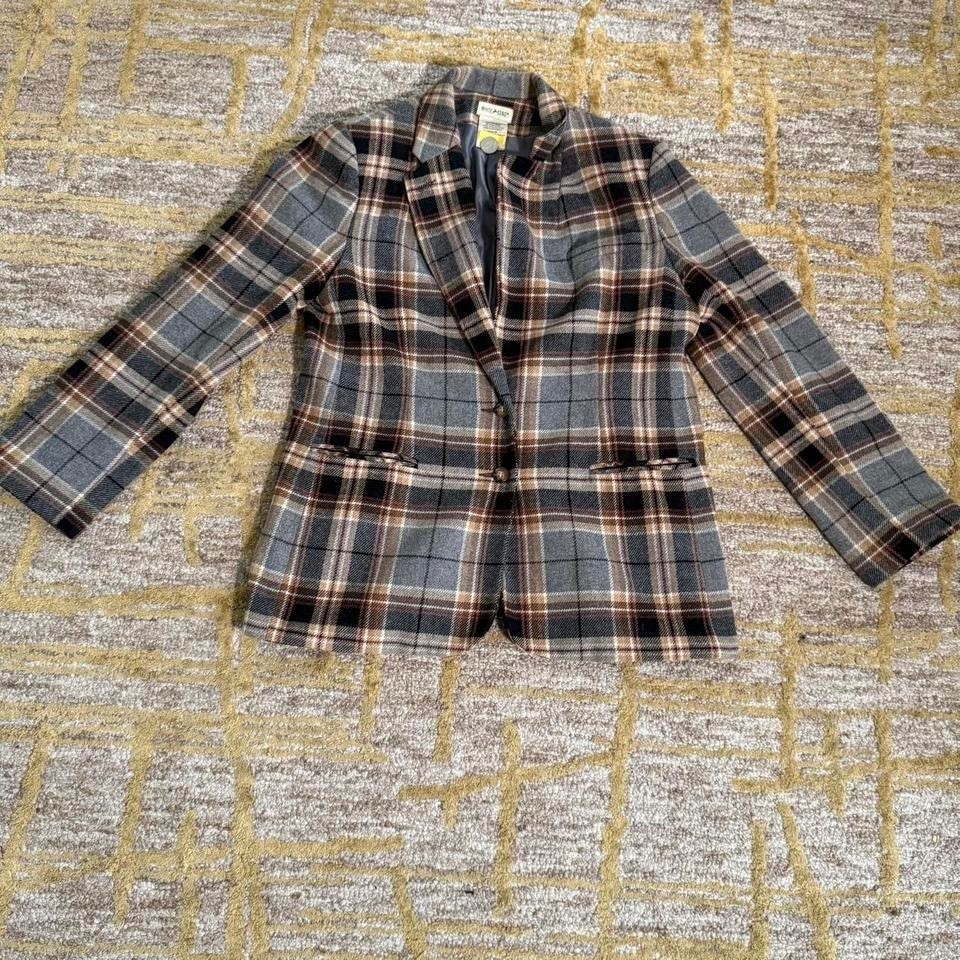 White Stag Vintage Wool Brown Plaid Blazer Jacket Dark Academia Size 12