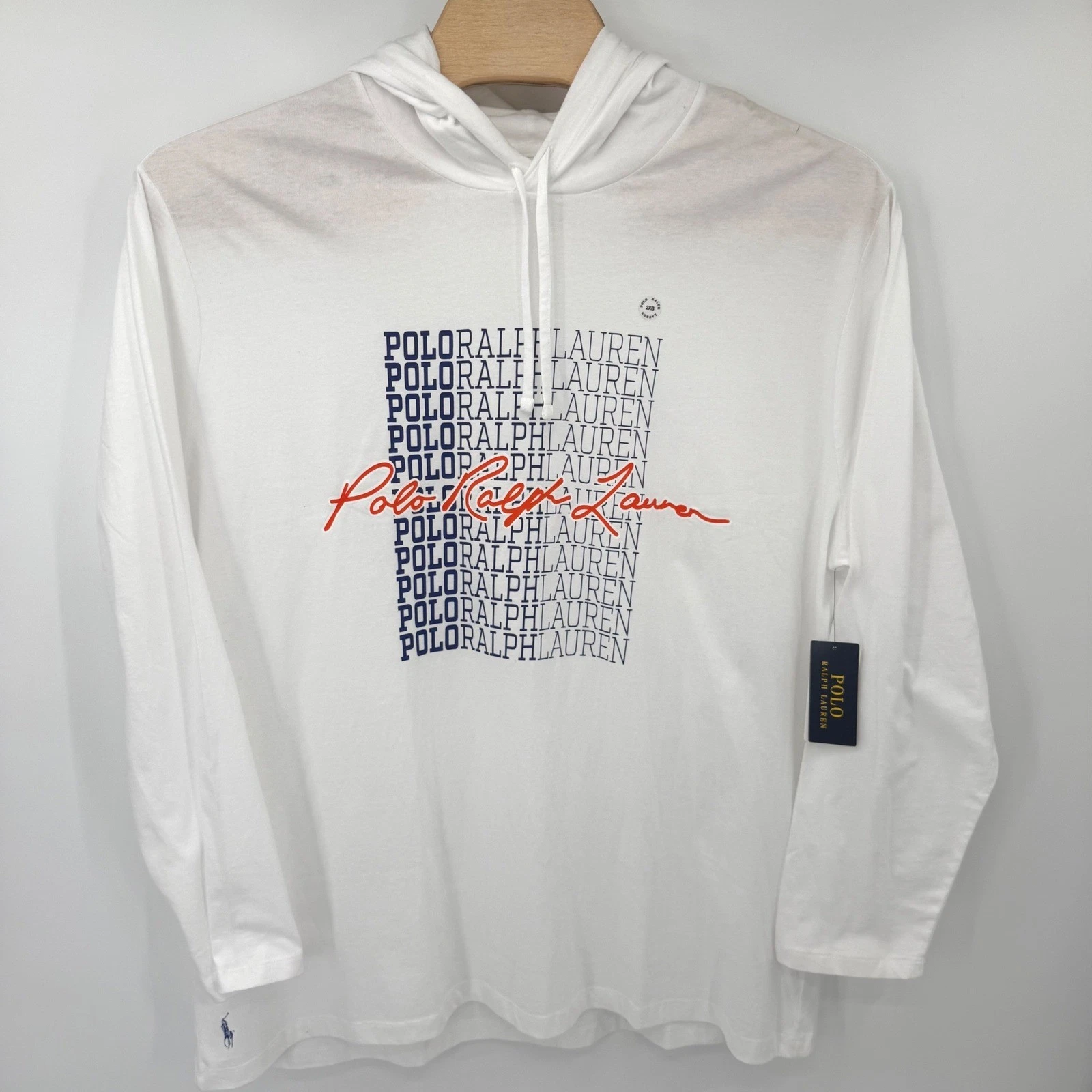Polo Ralph Lauren Hooded T-Shirt Mens 2XB White Graphic Print Long Sleeve NWT