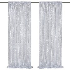2 PCS Silver 2x8 FT Sequin Backdrop Curtains Glitter Photo Background Party