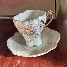 Miniature Porcelain Floral Painted Cup  Saucer Set White with Gold Trim