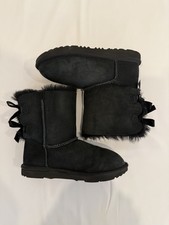UGG Girls Black Suede Mid-Calf Bootie Bow Accent Fur Lined