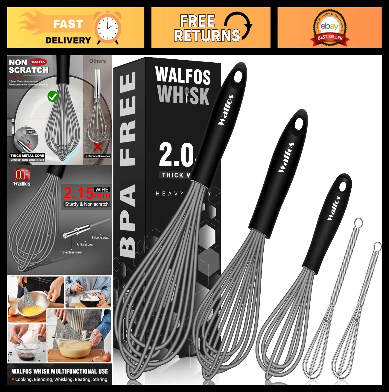 Silicone Whisk Set of 5 - Mini & Large Non-Scratch Whisks for Blending, Beating,