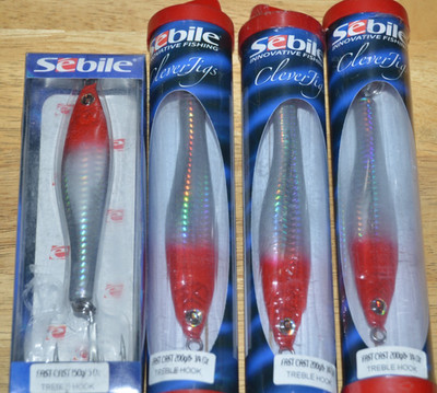 4 lures jigs sebile clever jig fast cast 150g & 200g red head white hologram