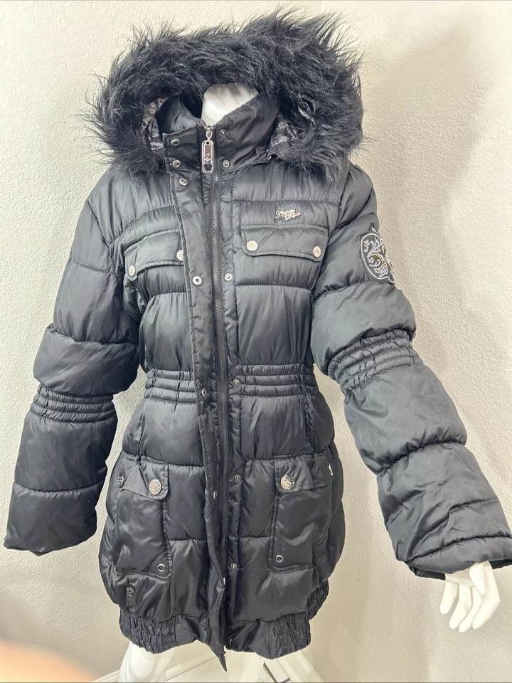 Apple Bottoms Puffer Negro Cuello de Piel Desprendible Capucha Cinturón Chaqueta Mujer’s Talla 3XL Foto 2 de 4