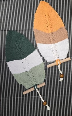 Set of 2 Macrame Feather Leaf Wall Hanging Boho Decor Handmade Green Orange