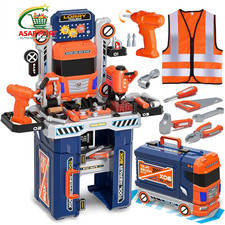 Kids Tool Bench Set with Electric Drill  Work Clothes, 68 Child-size, Blue