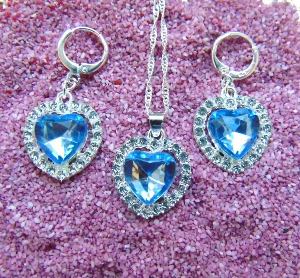 925 Silber Schmuck Set Herz Titanic Hellblau Zirkon  Kette Anhänger Creolen - Bild 2 von 4