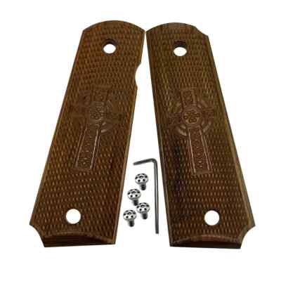 1911 Grips Checker Wood Full Size with Screws and Wrench Celtic Cross fits Sprin
