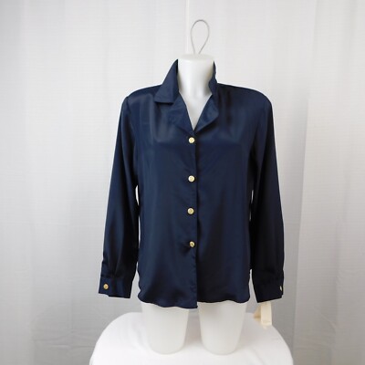 Vintage Notations Long Sleeve Satin Button-Up Top - 10, Black #2401