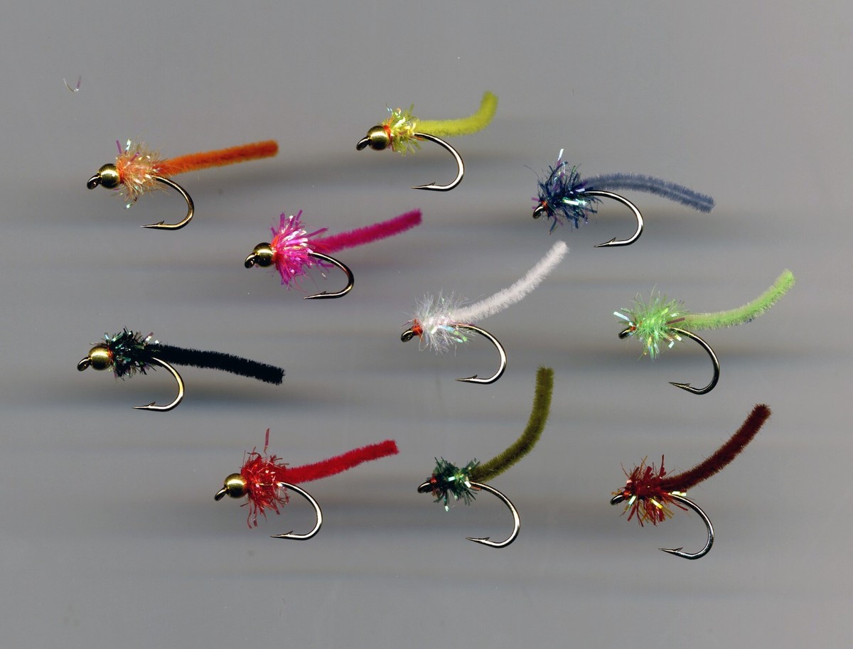 Trout Flies: Bare Hook Chenille Worms x G/H x Redhead size 10