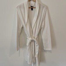 Vintage Laura Ashley Spa Robe Womens XL White Waffle Tie Waist Calf Knee Length