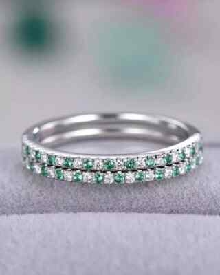 2Ct Lab Created Green Emerald Bridal Eternity Wedding Band 14K White Gold Finish