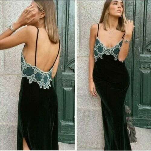 ZARA GREEN VELVET CROCHET SLIP DRESS LONG V NECK STRAP SIDE