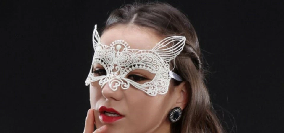 Women Kids Fox Cat White Lace Costume Party Fancy Dance Ball Eye Face Mask prop - Image 3 of 4