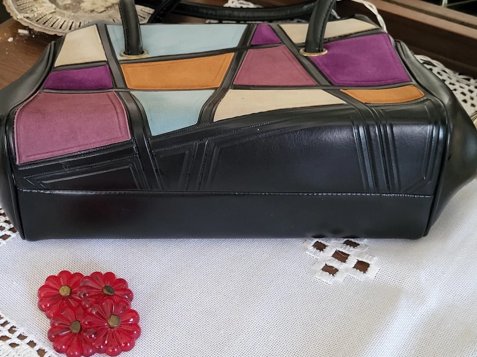 RARO De Colección Años 50 60 MCM Único Bloque Geométrico Bolso de Mano Cartera, Naranja Púrpura y Azul Foto 2 de 4