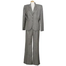 TAHARI Gray Fine Zig Zag Stretch Wool Blend Twill Wide Leg Pant Suit 14
