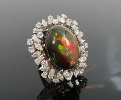 Vintage Natural Black Opal Diamond 18K Gold Cocktail Ring  Size