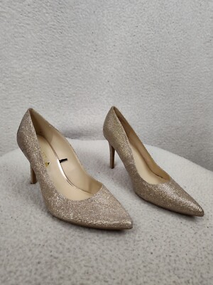 Nine West Women Heels 8M Gold Sparkle Fabric Slip On Pointed Toe