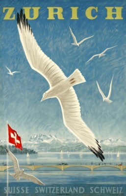 Lake of Zurich 1940s Vintage Swiss Travel Advertising Giclee Canvas Print 20x31