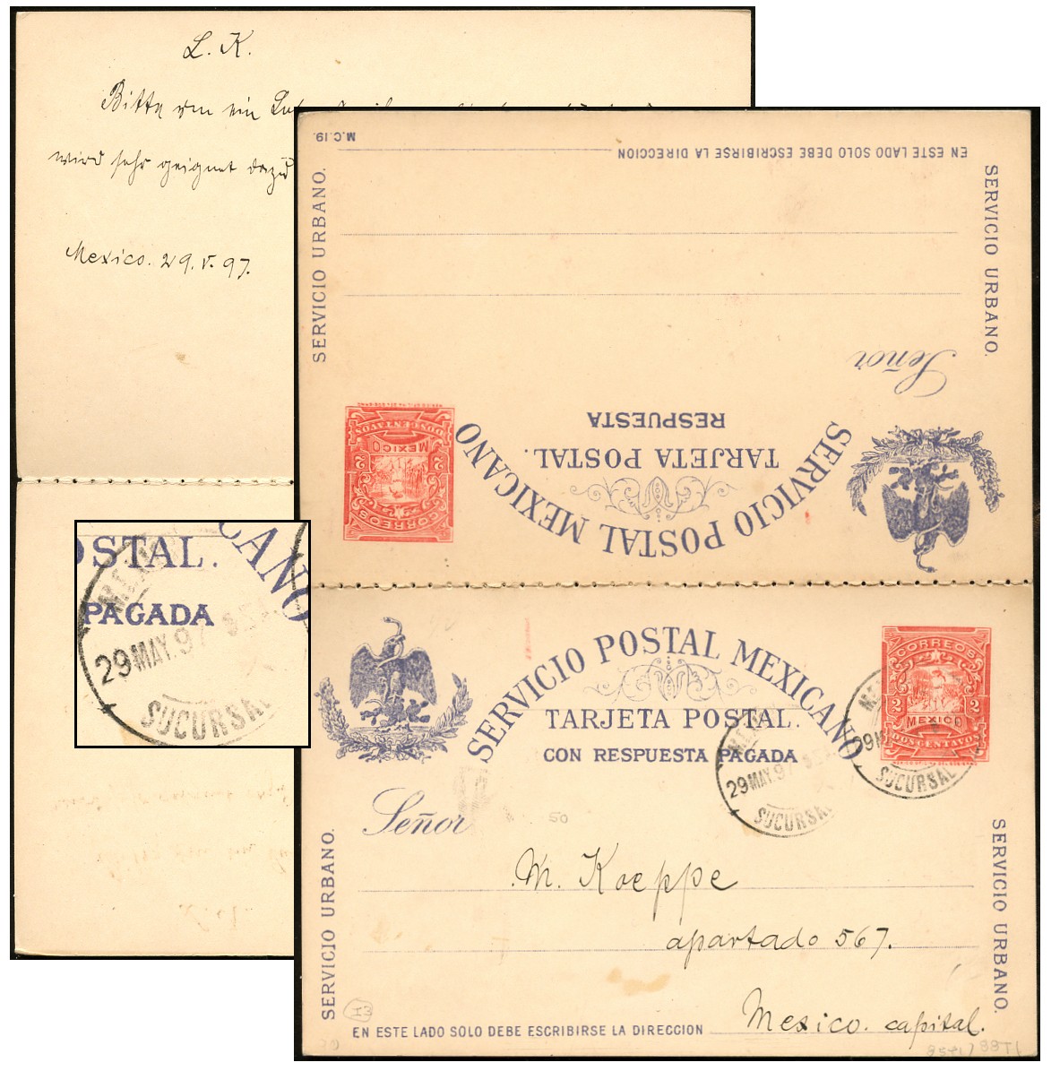 MEXICO 2¢+2¢ PERF 6 REPLY PSC MAY1897 PC85