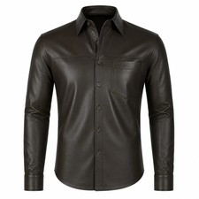 Men's Genuine Lambskin Leather Black Shirt Collar Button Jacket Classic Wear Top