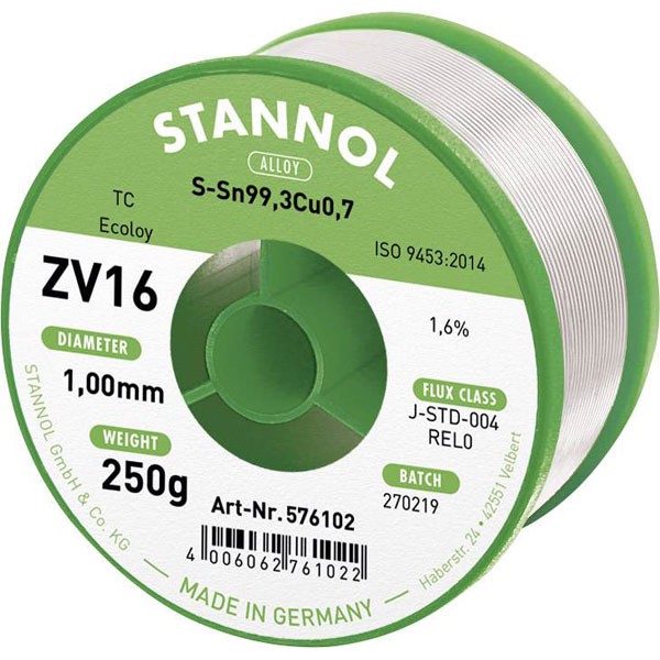 Stannol ZV16 Solder Wire Lead-Free Sn99.3Cu0.7 250g 1mm Flux-Filled