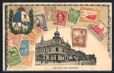 Montevideo, Calle 18 de Julio, Briefmarken mit Wappen, Ansichtskarte 