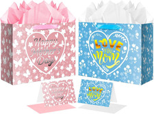 Set of 2 Large Mother's Day Gift Bags with Tissue and Cards Pink/Silver, Blue/G