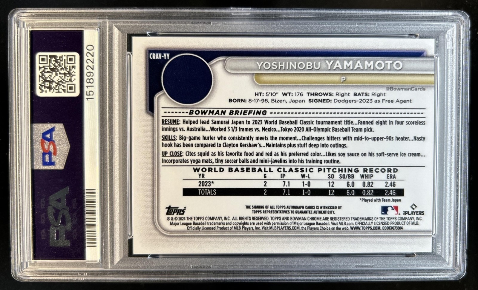 2024 Bowman Yoshinobu Yamamoto Chrome RC Auto Samurai Japan SP Orange /25 PSA 10 view 2