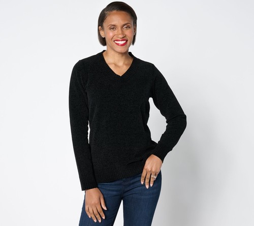 Belle by Kim Gravel Women's Top Sweater Sz L Chenille V Neck High Black A655233