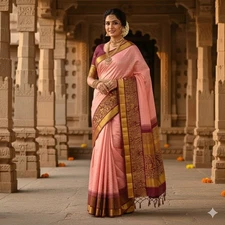 Latest Soft Lichi Silk Peach Saree With Blouse For Women Festival Wear