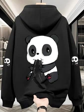 Plus-size men's hoodie with panda print and kangaroo pocket drawstring detail. 