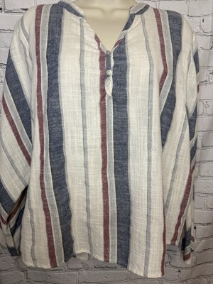 Women's Listicle Boho Blue, White Striped Gauzy Cotton Long Sleeve Tunic Med