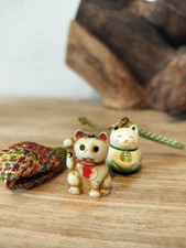 Vintage Japanese beckoning cat keychain with 2 cute charms, 30 years old