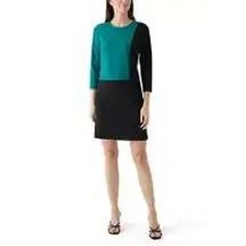 NWT $139 Halston Colorblock Sheath Dress Teal Black 3/4 Sleeve Knee Length SZ 14