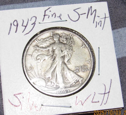 Fine Silver 1943 s San Francisco Mint Silver Walking Liberty Half Dollar 1/2 WLH