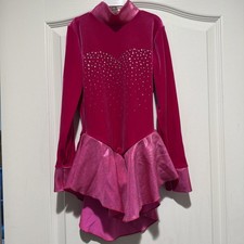 Motionwear Pink Velvet Ice Skating Dress Girls Sz 8 10 MC Long Sleeve Rhinestone